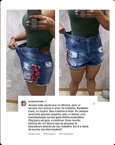 Paciente mostrando o resultado da criomodelagem, com depoimento